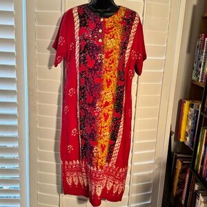 Batik Red Floral Boho Button-Front Midi Dress Sz: L